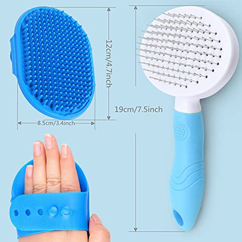 Self Cleaning Slicker Brush, Cat Brush Massage Comb Dog Brush for Shedding, Grooming Brush Removes Loose Matted Fur Undercoat Grooming Tool Set (Blue Slicker Brush+Bath Brush)