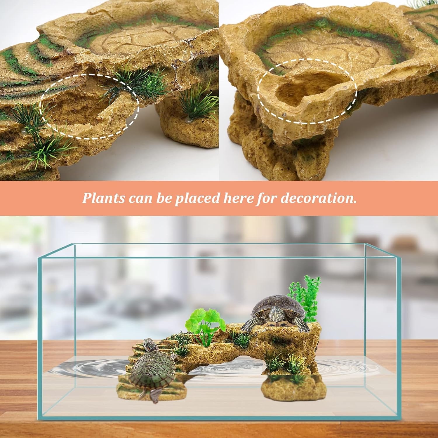 Turtle Basking Platform Reptile Terrarium Hideout Tortoise Resin Rock Hide Cave Habitat Ornament for Bearded Dragon Frogs Lizards Spiders Fish Amphibians Aquarium, Large