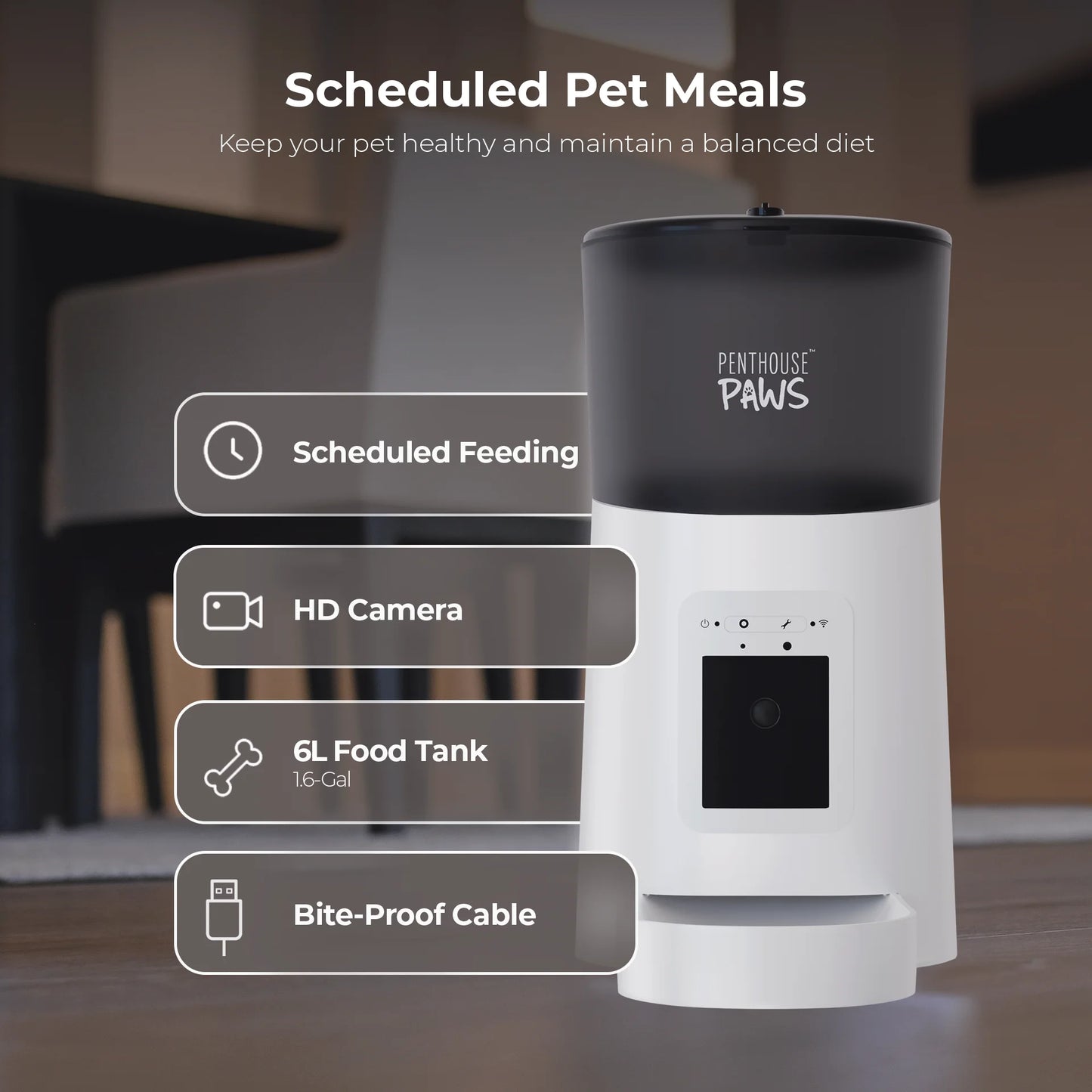 Smart HD Feeder, Automatic 6L Food Dispenser for Cat & Dog, 1080P, 2-Way Audio, Backup Power, 15 Meals/Day, White