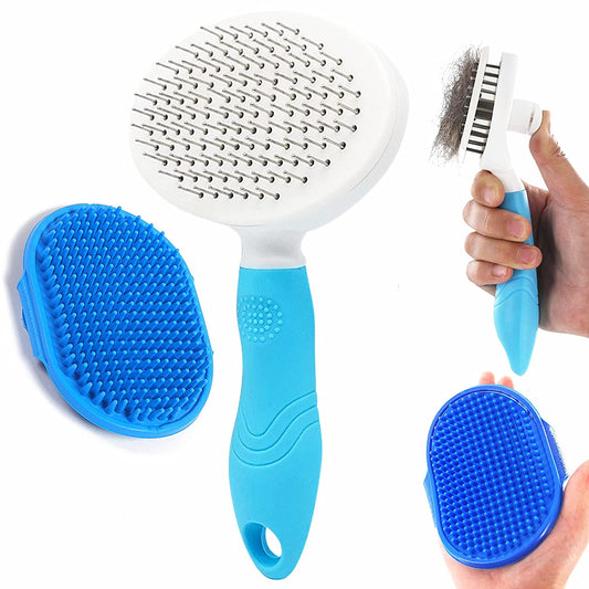 Self Cleaning Slicker Brush, Cat Brush Massage Comb Dog Brush for Shedding, Grooming Brush Removes Loose Matted Fur Undercoat Grooming Tool Set (Blue Slicker Brush+Bath Brush)
