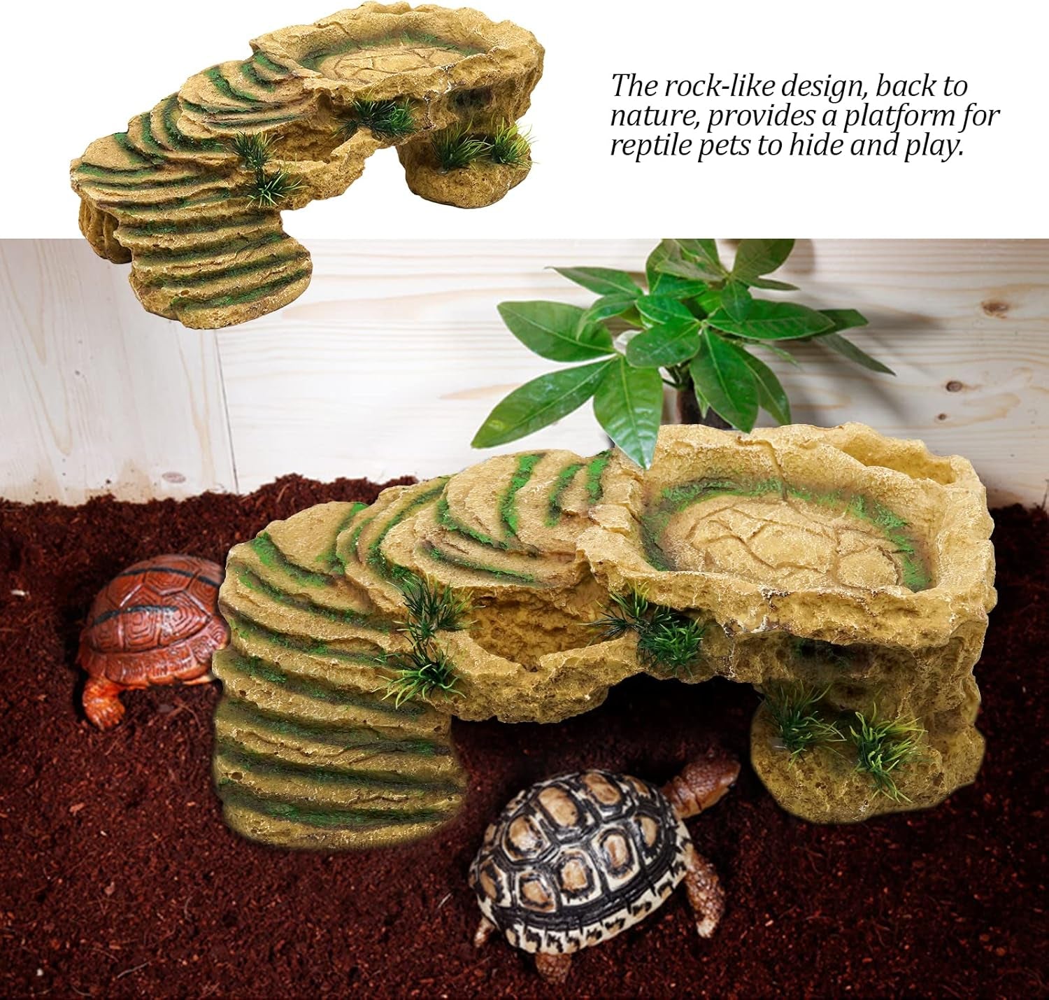 Turtle Basking Platform Reptile Terrarium Hideout Tortoise Resin Rock Hide Cave Habitat Ornament for Bearded Dragon Frogs Lizards Spiders Fish Amphibians Aquarium, Large