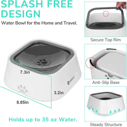 Drip-Free Water Bowl for Dogs, Slow Feeder for Messy Drinkers, Splash-Proof Design (Grey, 35 Oz)