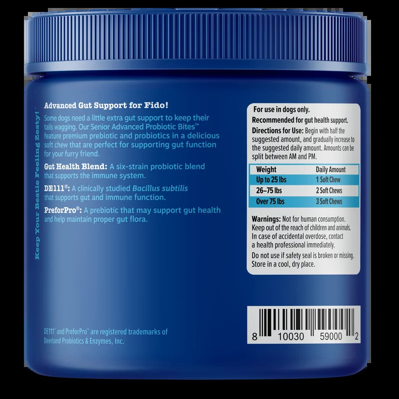 Senior Advanced Probiotic Bites for Dogs, for Gut & Digestive Health, Chicken Flavor 90 Ct Soft Chews