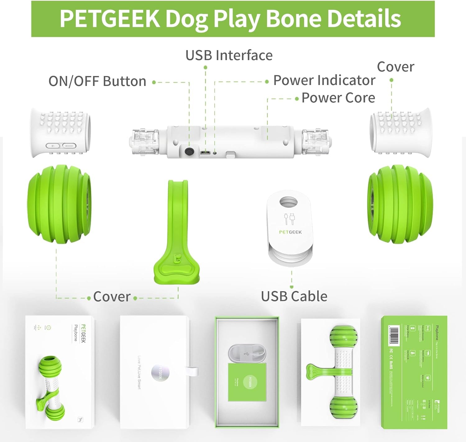 Interactive Dog Toys, Automatic Toys for Dogs, Electronic Dog Bones with Safe & Durable Material, Equipped with Rechargeable Usb（Green
